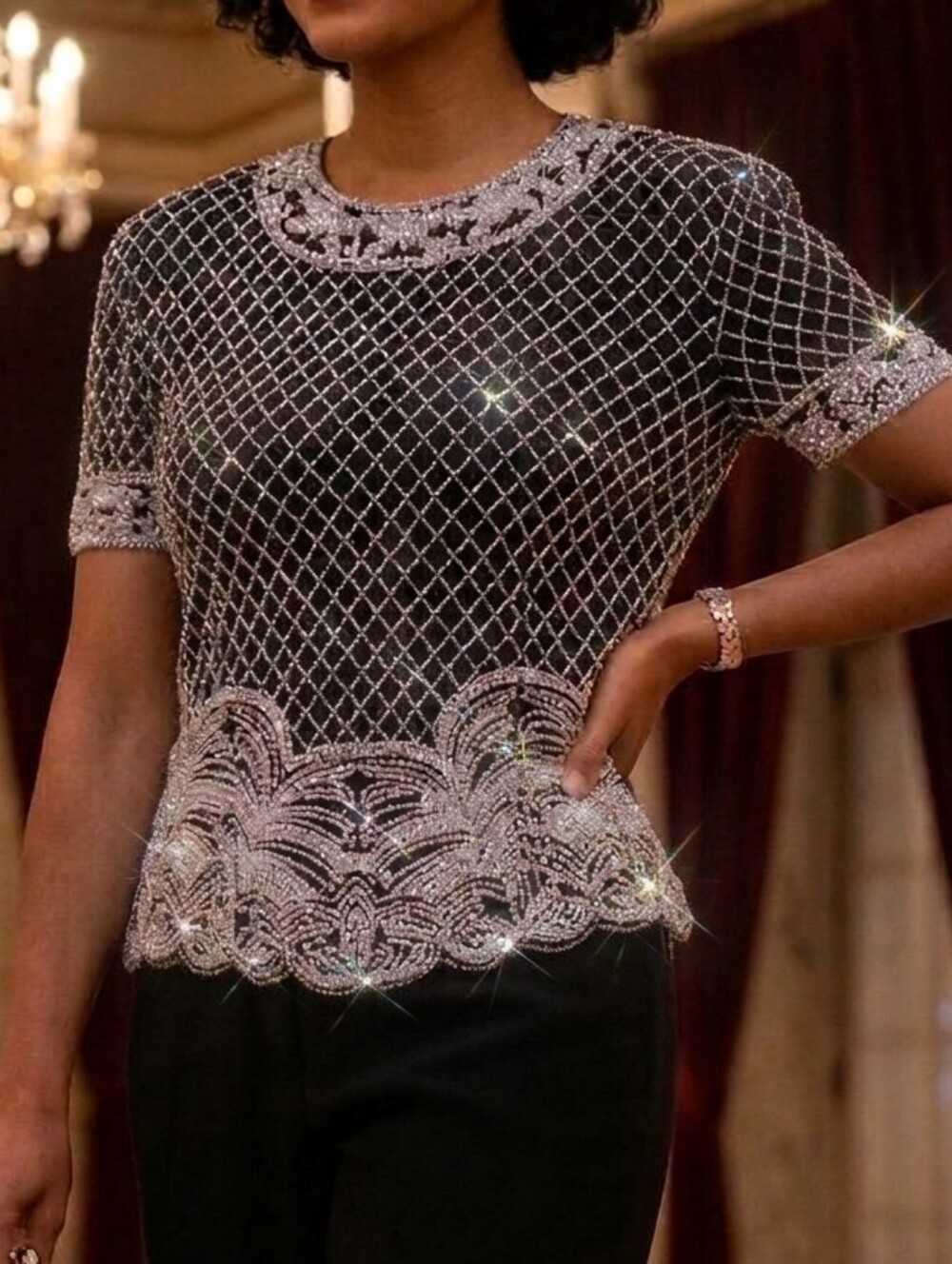VTG Papell Boutique Beaded Silk Top Black Silver Art Deco Cocktail Blouse NWT